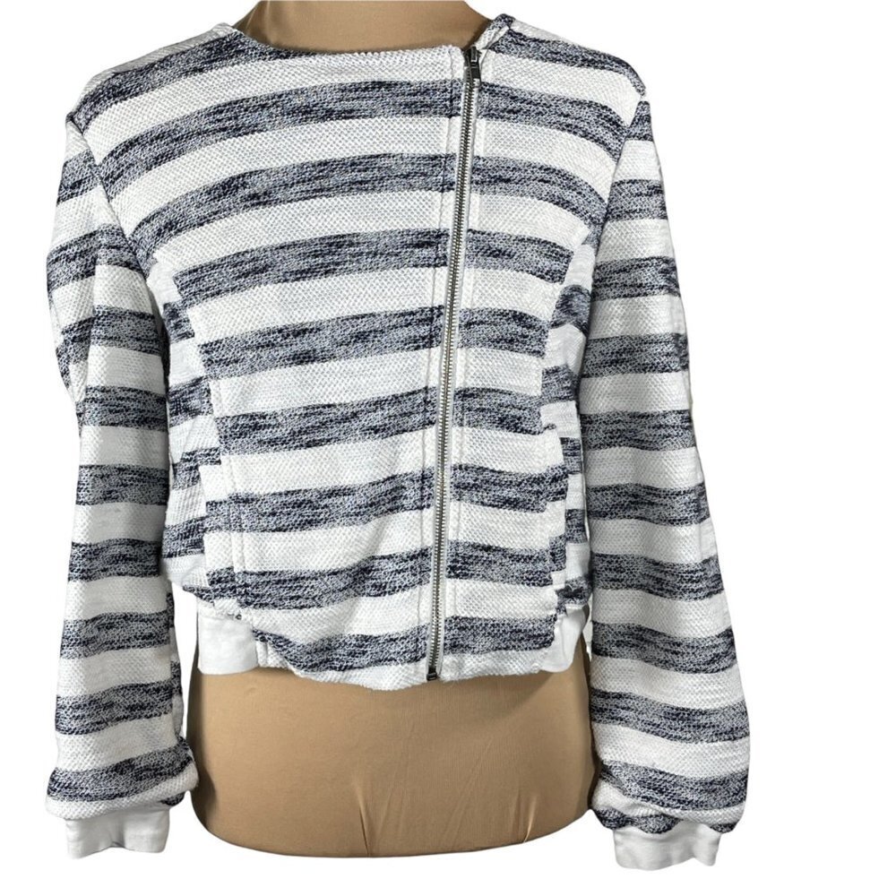 Sanctuary Asymmetric Zip Front Heather Grey White Stripe Cropped Jacket M